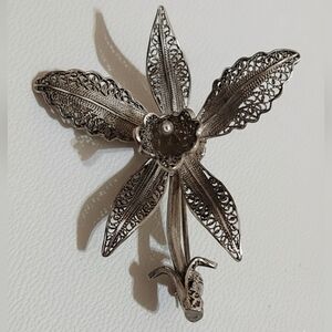 ​Vintage Carl Bucherer CB 800 Silver Filigree Orchid Brooch Pin Antique